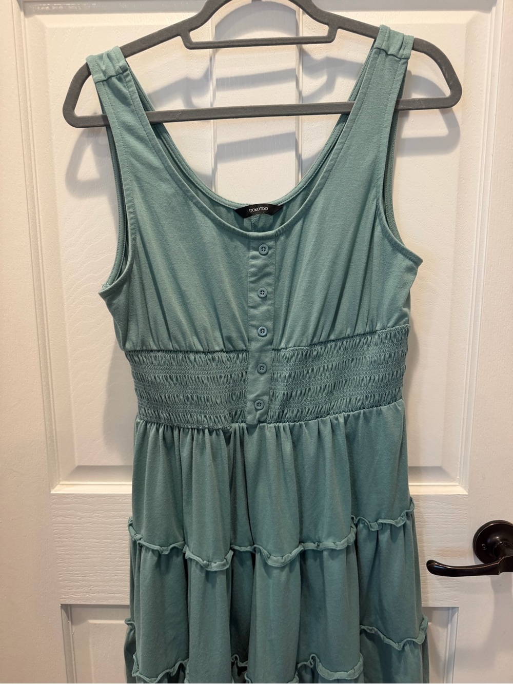 Sleeveless Smocked Tank Tiered Midi Dress w/Empire Waste Sage Green, Buttons